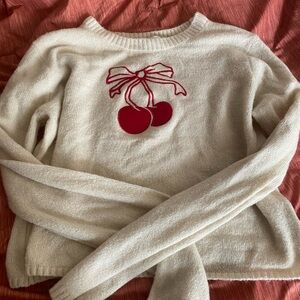 Time and Tru Cream Sweater with Red Cherry Motif